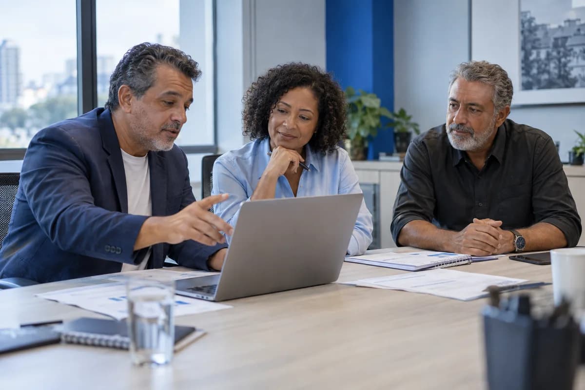 Cena ilustrativa de uma equipe discutindo documentos e planejamento