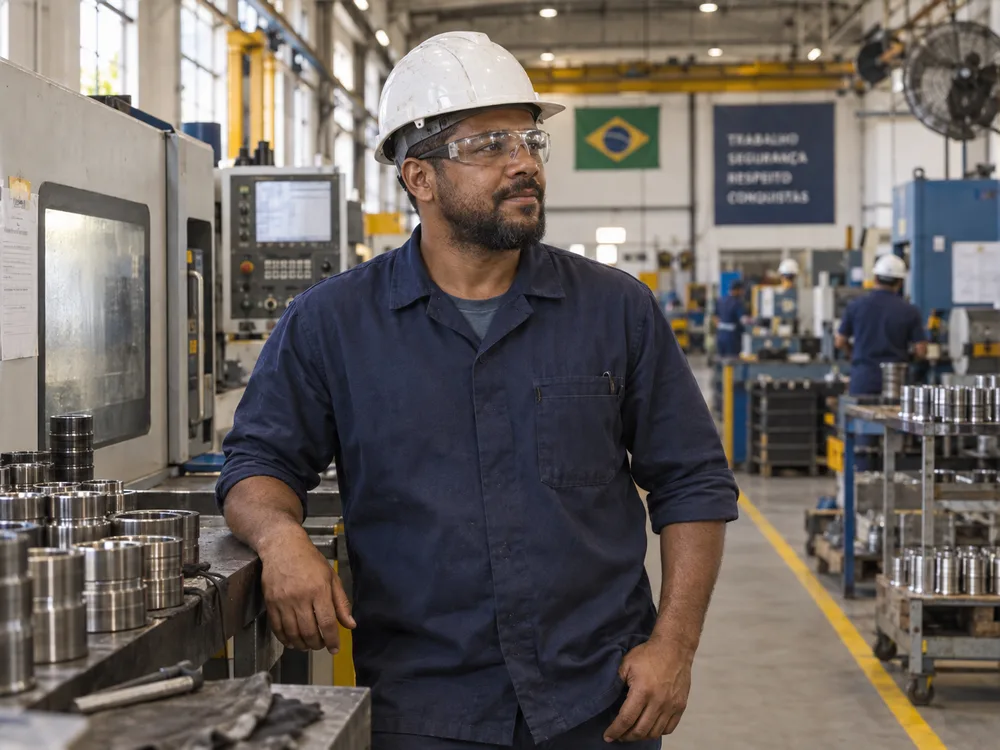 Cena ilustrativa de um trabalhador com equipamentos de proteção em uma fábrica