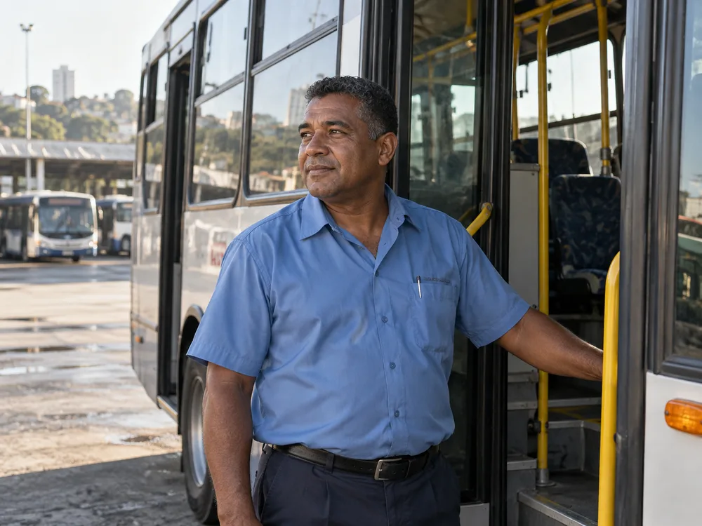Cena ilustrativa de um motorista ao lado de um ônibus estacionado